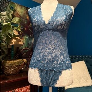 Elegant Teal Blue Lace Bodysuit